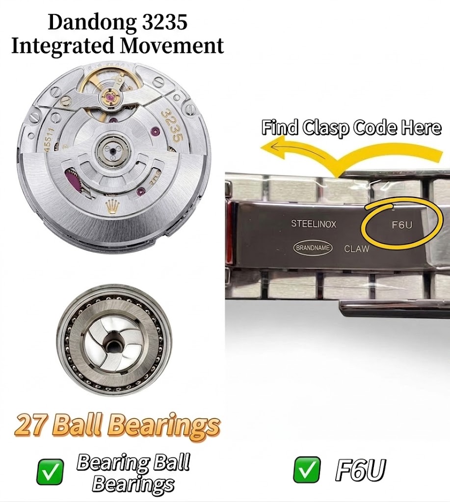 The Dandong 3235 movement with 27-jewel ball bearing and the F6U clasp code