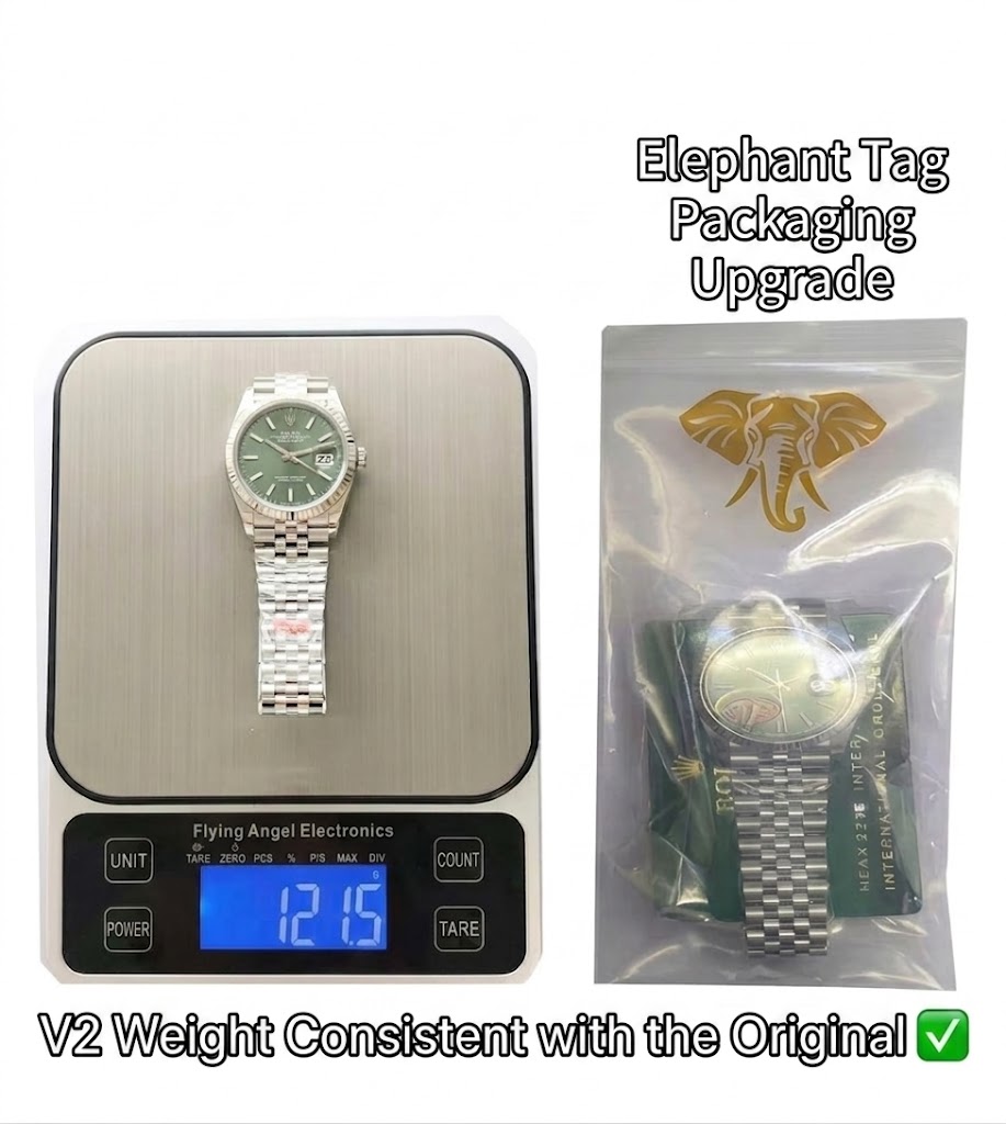 VS Factory Datejust 36 V2 on a scale showing exactly 121.5g and the new Golden Elephant packaging