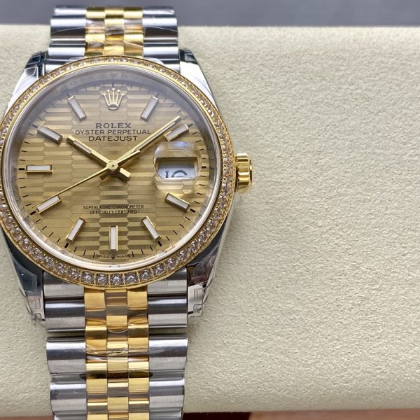 VS Factory Rolex Datejust 36 Two-Tone Yellow Gold Diamond Bezel Golden Fluted Motif (126283RBR) 1:1 Super Clone - DD3235 Movement