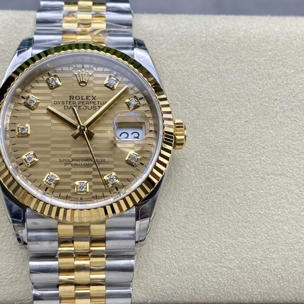 VS Factory Rolex Datejust 36 Two-Tone Yellow Gold Golden Fluted Motif Diamond Dial (126233) 1:1 Super Clone - DD3235 Movement