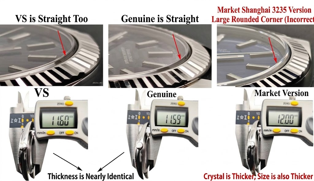 Caliper measurements showing VSF at 11.60mm vs GEN 11.59mm, and the straight crystal edge comparison