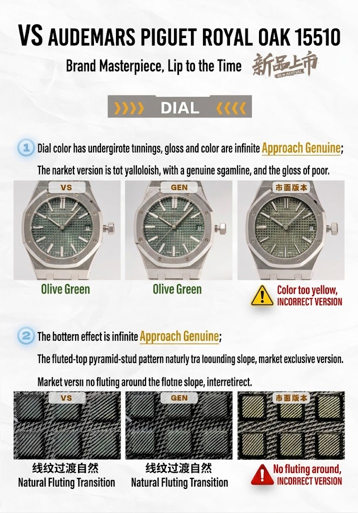 VS Factory AP 15510 Olive Green dial color and Grande Tapisserie waffle pattern transition comparison