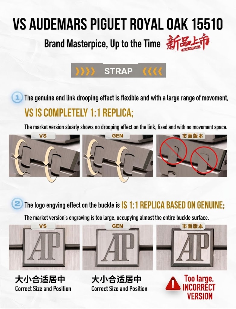 VSF AP 15510 flexible end-link articulation and 1:1 AP clasp engraving comparison