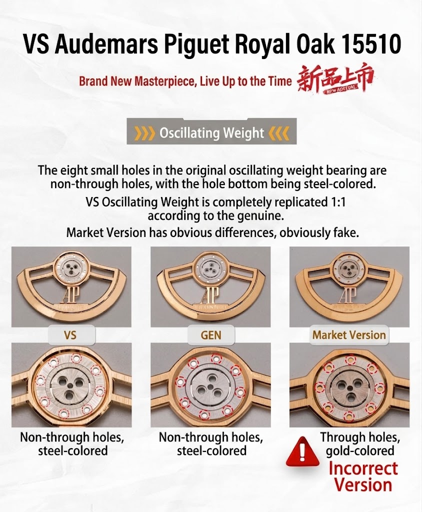 VSF Royal Oak 15510 rotor macro comparison showing correct non-transparent holes with steel base