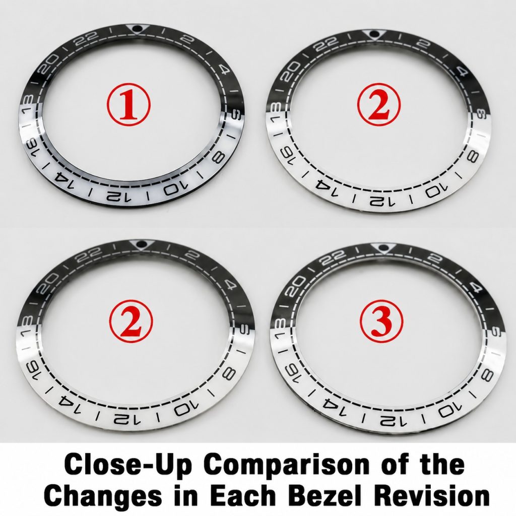 Side-by-side macro tracking of Phase 1, Phase 2, and Phase 3 ceramic bezel prototypes