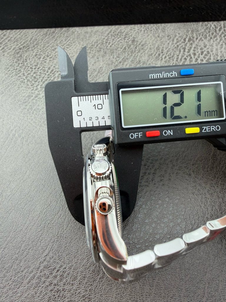 Precision digital caliper verifying the VSF Daytona case thickness at 12.1mm
